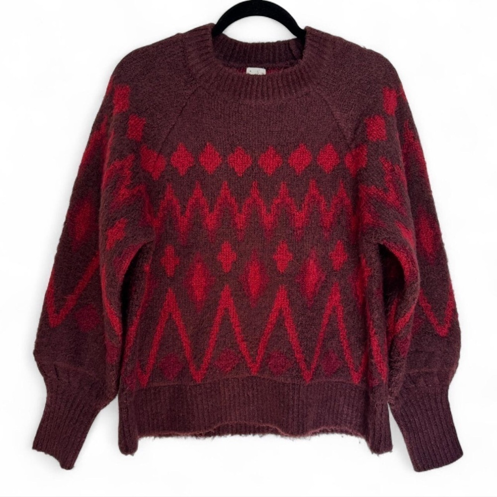 A New Day Fair Isle Balloon Sleeve Sweater Maroon Red Diamond Small